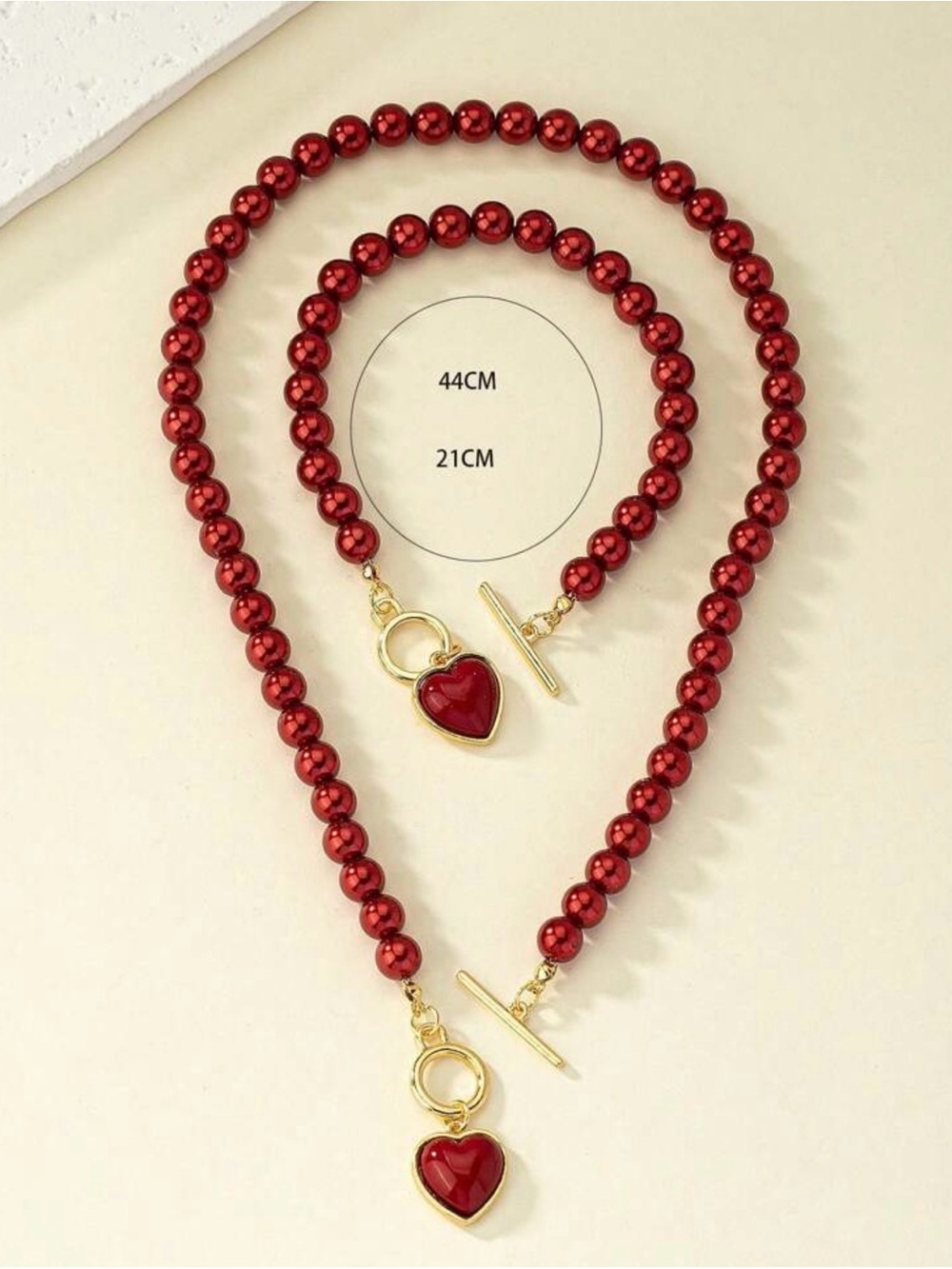 Red Pearl Heart Pendant Necklace & Bracelet Set - Unbranded